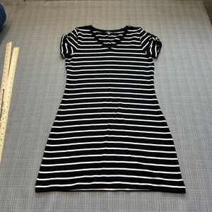 T by Talbots Petite Preppy Stripe Knit Shirt Dress SP Black White Coastal Casual